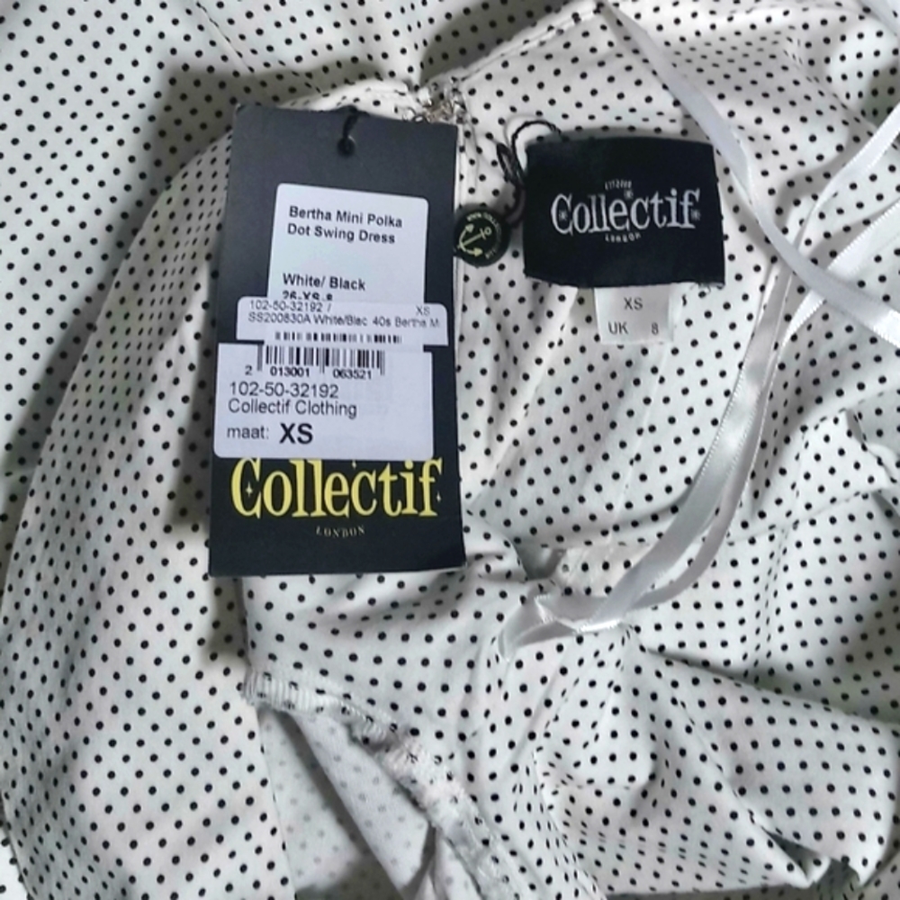 1950s Inspired Swing Dress Collectif Mainline Bertha White-Mini Black Polka Dots - Picture 5 of 7